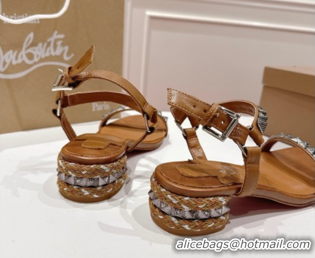 Hot Style Christian Louboutin Pyrasand Heel Sandals 5.5cm in Waxed Leather with Spike Studs Brown 1030128