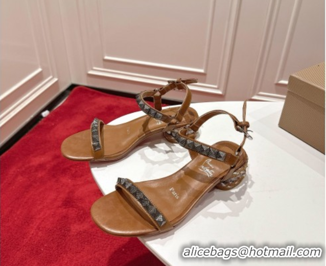 Hot Style Christian Louboutin Pyrasand Heel Sandals 5.5cm in Waxed Leather with Spike Studs Brown 1030128