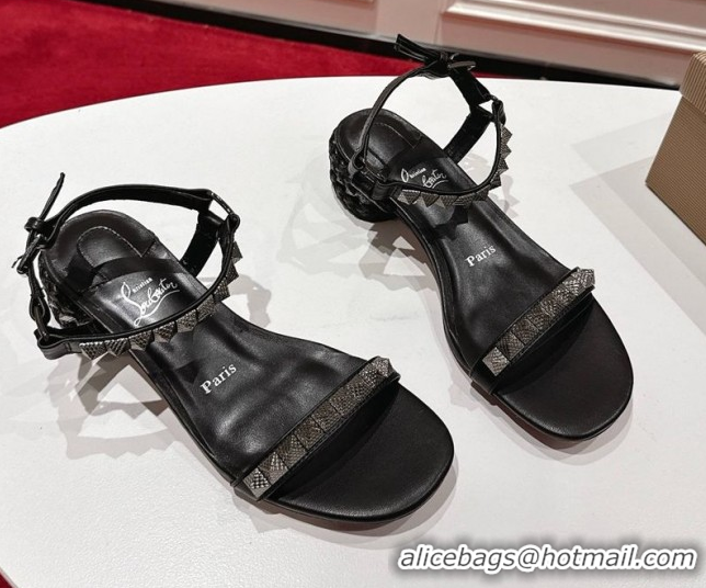 Purchase Christian Louboutin Pyrasand Heel Sandals 5.5cm in Waxed Leather with Spike Studs Black 1030129