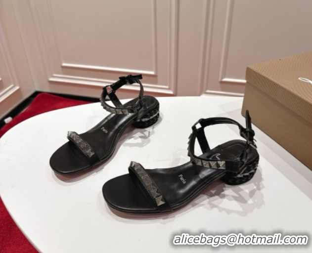 Purchase Christian Louboutin Pyrasand Heel Sandals 5.5cm in Waxed Leather with Spike Studs Black 1030129