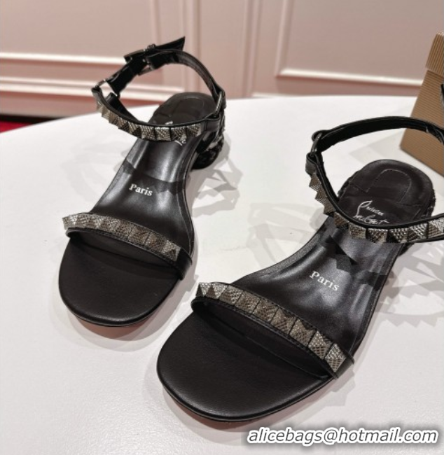 Purchase Christian Louboutin Pyrasand Heel Sandals 5.5cm in Waxed Leather with Spike Studs Black 1030129
