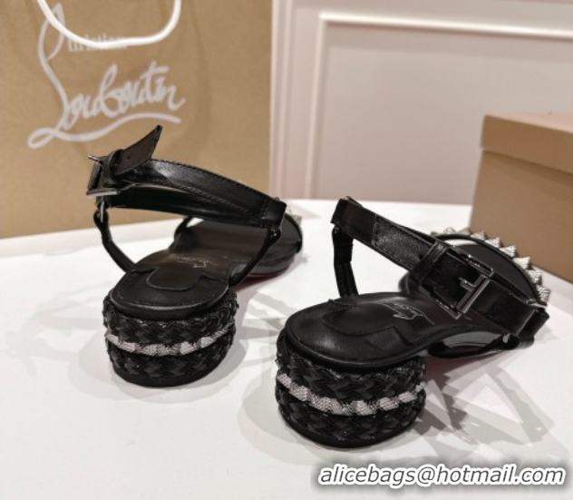 Purchase Christian Louboutin Pyrasand Heel Sandals 5.5cm in Waxed Leather with Spike Studs Black 1030129