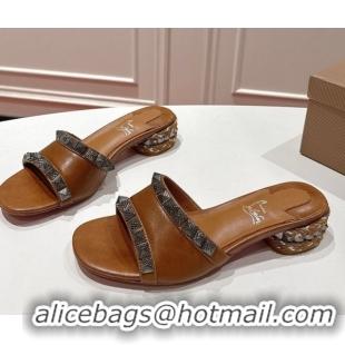Most Popular Christian Louboutin Pyrasand Heel Slides Sandal 5.5cm in Waxed Leather with Spike Studs Brown 1030130