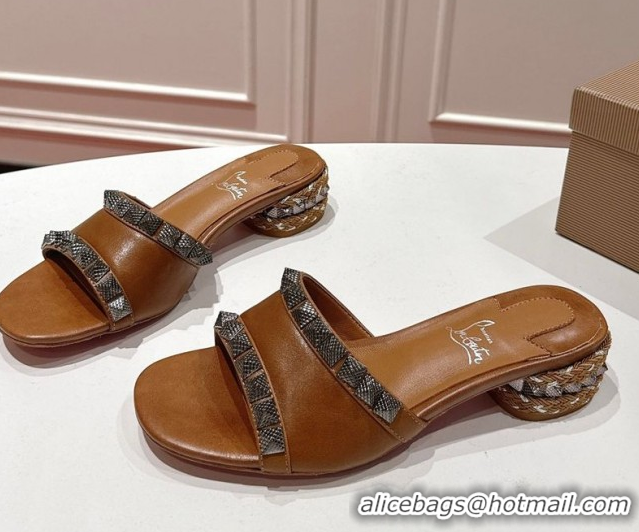 Most Popular Christian Louboutin Pyrasand Heel Slides Sandal 5.5cm in Waxed Leather with Spike Studs Brown 1030130