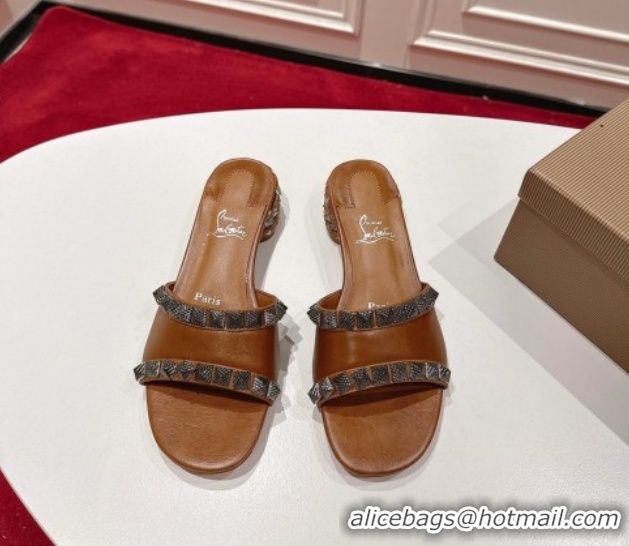 Most Popular Christian Louboutin Pyrasand Heel Slides Sandal 5.5cm in Waxed Leather with Spike Studs Brown 1030130