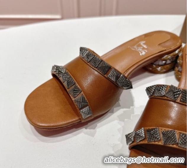 Most Popular Christian Louboutin Pyrasand Heel Slides Sandal 5.5cm in Waxed Leather with Spike Studs Brown 1030130