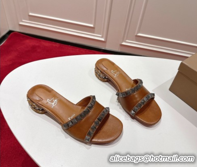 Most Popular Christian Louboutin Pyrasand Heel Slides Sandal 5.5cm in Waxed Leather with Spike Studs Brown 1030130