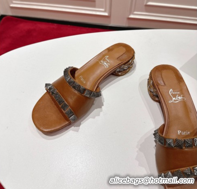 Most Popular Christian Louboutin Pyrasand Heel Slides Sandal 5.5cm in Waxed Leather with Spike Studs Brown 1030130