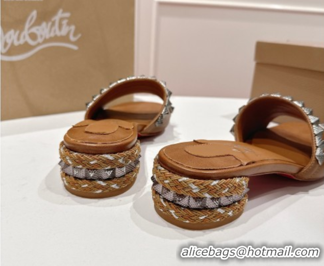 Most Popular Christian Louboutin Pyrasand Heel Slides Sandal 5.5cm in Waxed Leather with Spike Studs Brown 1030130