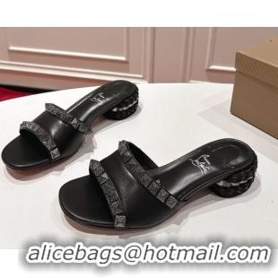 Unique Style Christian Louboutin Pyrasand Heel Slides Sandal 5.5cm in Waxed Leather with Spike Studs Black 1030131