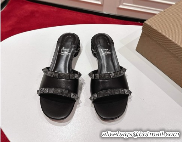 Unique Style Christian Louboutin Pyrasand Heel Slides Sandal 5.5cm in Waxed Leather with Spike Studs Black 1030131