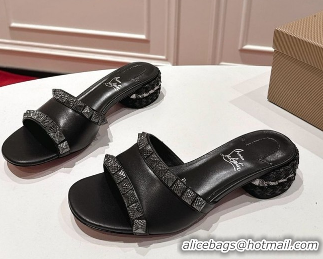 Unique Style Christian Louboutin Pyrasand Heel Slides Sandal 5.5cm in Waxed Leather with Spike Studs Black 1030131