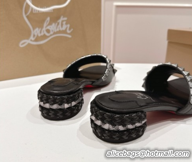 Unique Style Christian Louboutin Pyrasand Heel Slides Sandal 5.5cm in Waxed Leather with Spike Studs Black 1030131