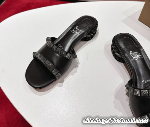 Unique Style Christian Louboutin Pyrasand Heel Slides Sandal 5.5cm in Waxed Leather with Spike Studs Black 1030131