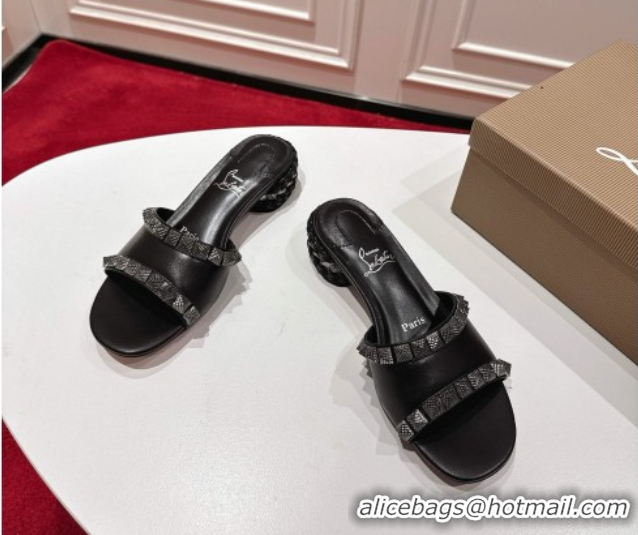 Unique Style Christian Louboutin Pyrasand Heel Slides Sandal 5.5cm in Waxed Leather with Spike Studs Black 1030131