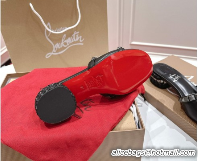 Unique Style Christian Louboutin Pyrasand Heel Slides Sandal 5.5cm in Waxed Leather with Spike Studs Black 1030131
