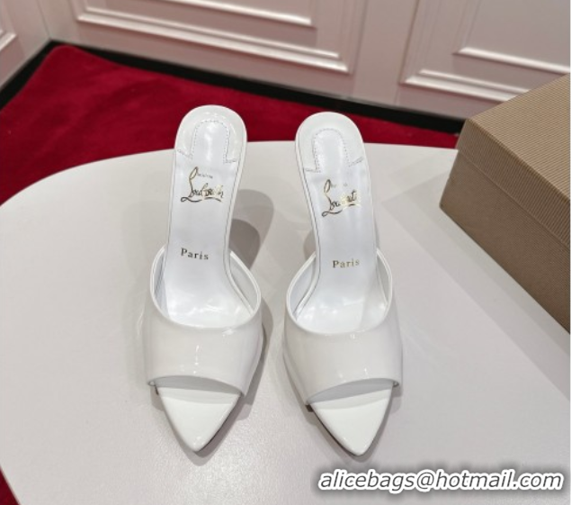 Good Quality Christian Louboutin Miss Z Heel Slides Sandal 10cm in Patent Leather White 1030132
