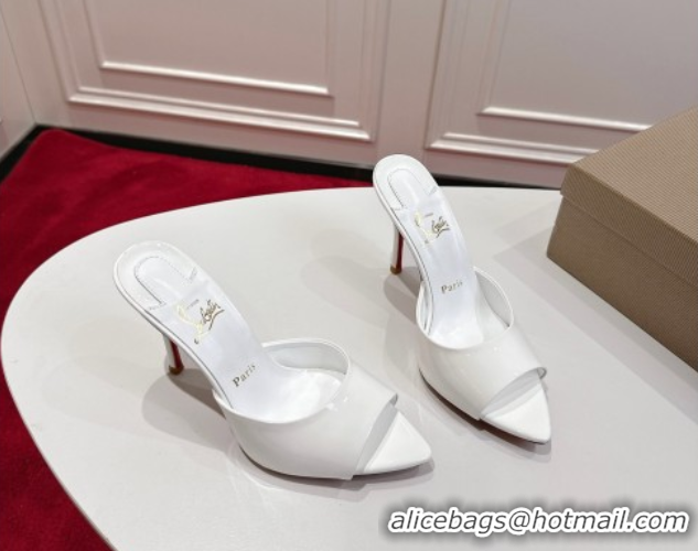 Good Quality Christian Louboutin Miss Z Heel Slides Sandal 10cm in Patent Leather White 1030132