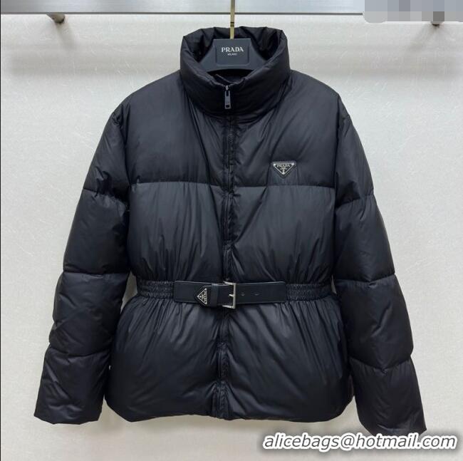 Famous Brand Prada Belted Down Jacket PR091941 Black 2025