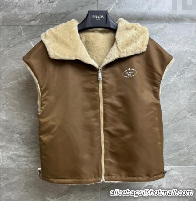Shop Discount Prada Wool Nylon Reversible Vest PR091958 Brown/Beige 2025