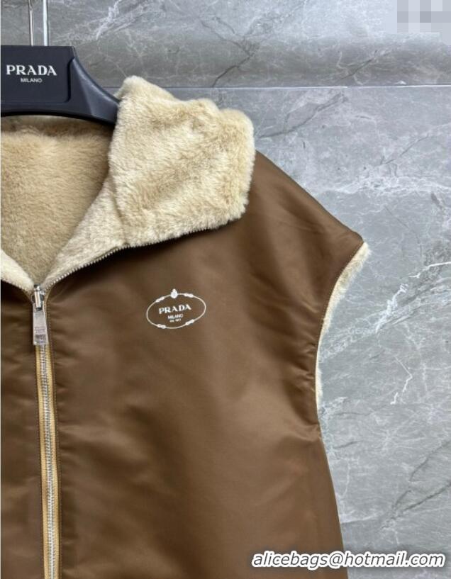 Shop Discount Prada Wool Nylon Reversible Vest PR091958 Brown/Beige 2025