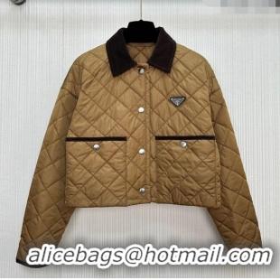 Luxury Cheap Prada Quilted Cotton-Padded Short Jacket Brandy PR091964 Brown 2025