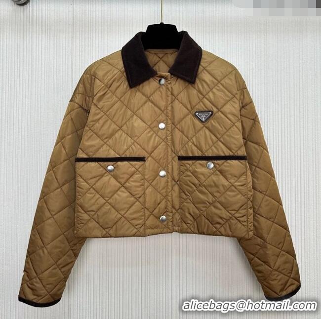Luxury Cheap Prada Quilted Cotton-Padded Short Jacket Brandy PR091964 Brown 2025