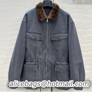 Super Quality Prada Canvas and Mink Fur Jacket 1014 Blue 2025