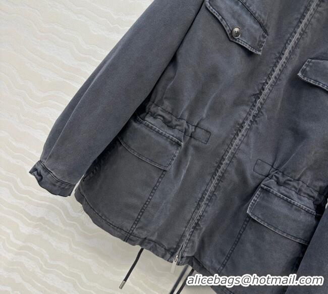 Super Quality Prada Canvas and Mink Fur Jacket 1014 Blue 2025