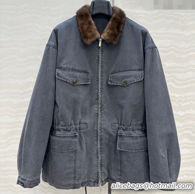 Super Quality Prada Canvas and Mink Fur Jacket 1014 Blue 2025