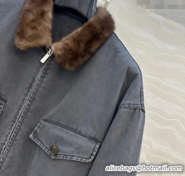 Super Quality Prada Canvas and Mink Fur Jacket 1014 Blue 2025