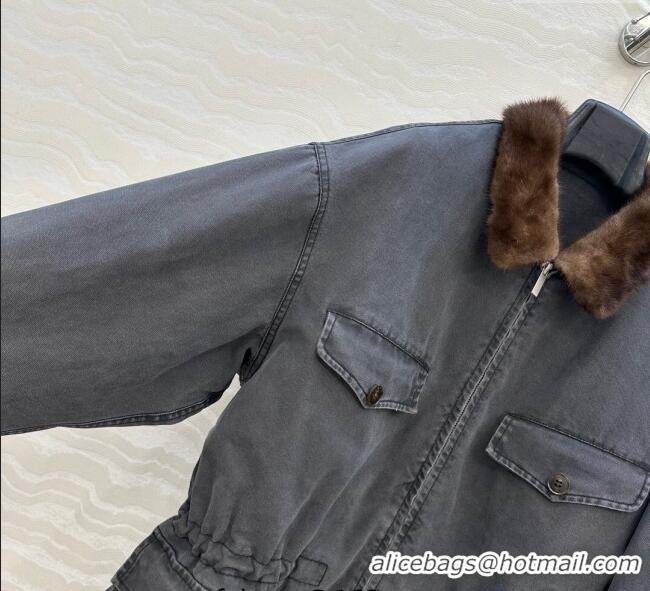 Super Quality Prada Canvas and Mink Fur Jacket 1014 Blue 2025
