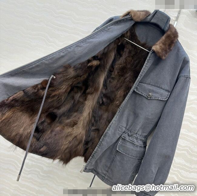 Super Quality Prada Canvas and Mink Fur Jacket 1014 Blue 2025