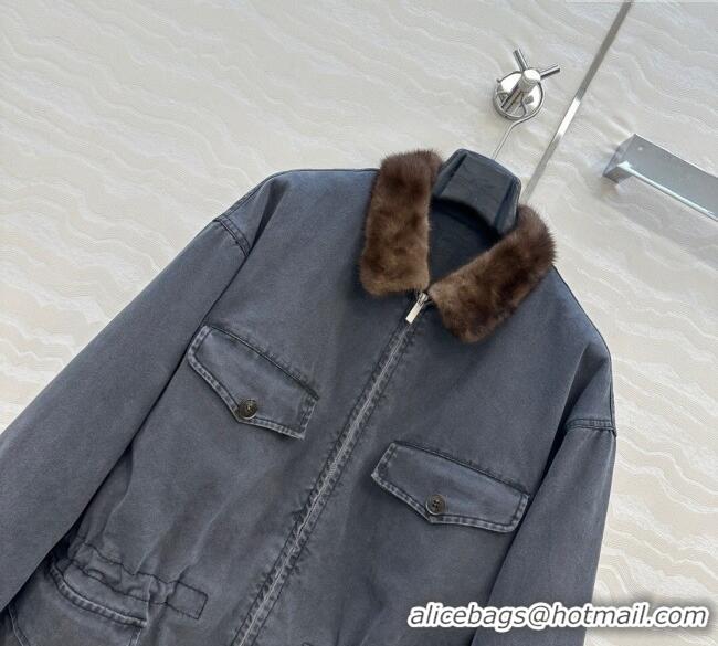 Super Quality Prada Canvas and Mink Fur Jacket 1014 Blue 2025