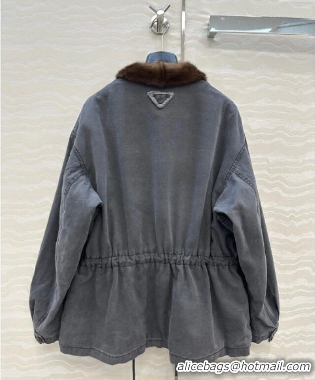 Super Quality Prada Canvas and Mink Fur Jacket 1014 Blue 2025