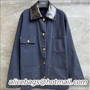 Luxury Cheap Prada Cotton and Lambskin Leather Jacket PR101501 Blue 2025