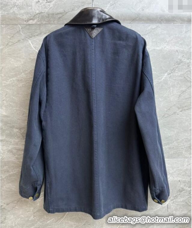 Luxury Cheap Prada Cotton and Lambskin Leather Jacket PR101501 Blue 2025