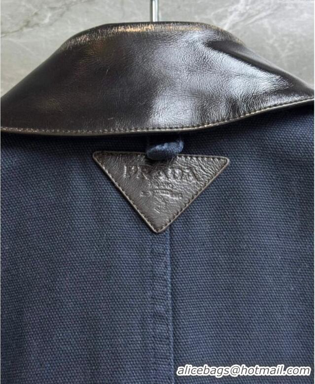 Luxury Cheap Prada Cotton and Lambskin Leather Jacket PR101501 Blue 2025