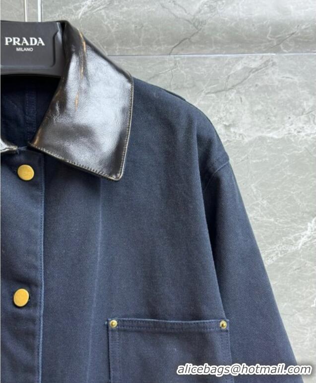Luxury Cheap Prada Cotton and Lambskin Leather Jacket PR101501 Blue 2025