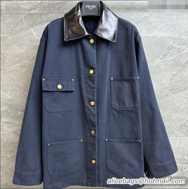 Luxury Cheap Prada Cotton and Lambskin Leather Jacket PR101501 Blue 2025