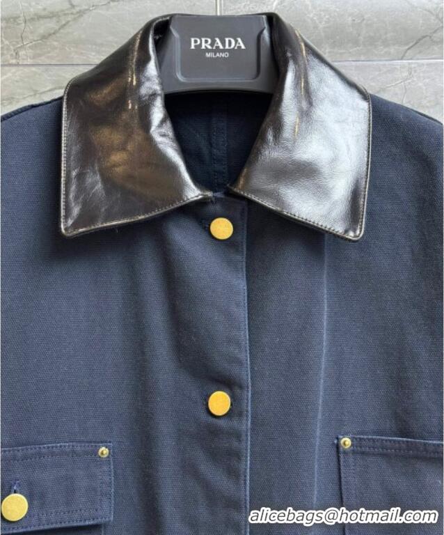 Luxury Cheap Prada Cotton and Lambskin Leather Jacket PR101501 Blue 2025