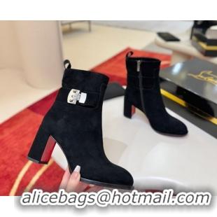 Stylish Christian Louboutin Booty Lock Heel Ankle Boots 7cm in Suede Black 1030155