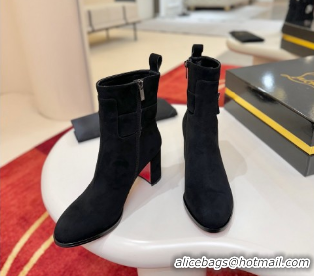 Stylish Christian Louboutin Booty Lock Heel Ankle Boots 7cm in Suede Black 1030155