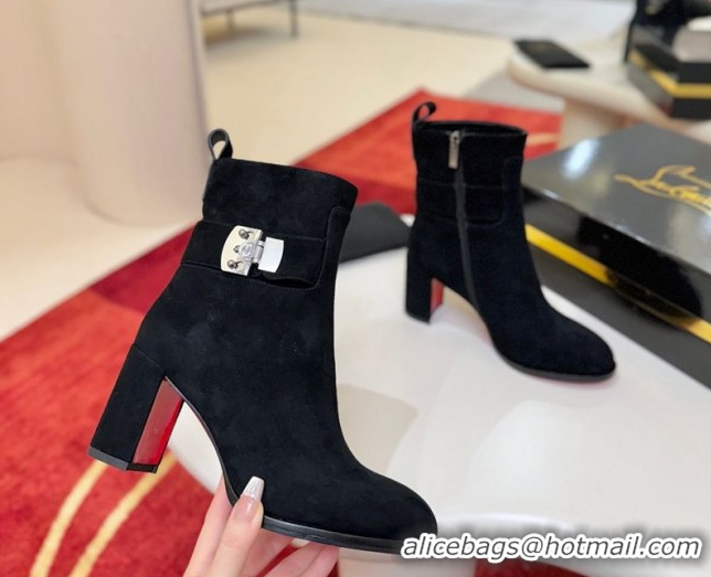 Stylish Christian Louboutin Booty Lock Heel Ankle Boots 7cm in Suede Black 1030155