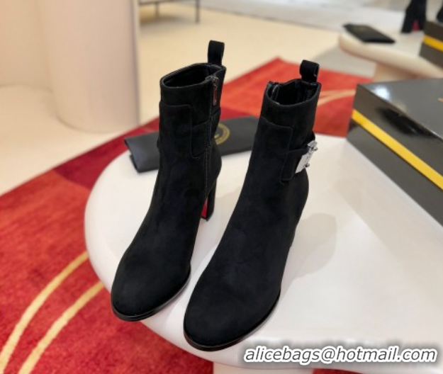 Stylish Christian Louboutin Booty Lock Heel Ankle Boots 7cm in Suede Black 1030155