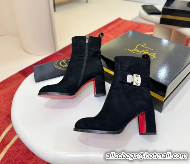 Stylish Christian Louboutin Booty Lock Heel Ankle Boots 7cm in Suede Black 1030155