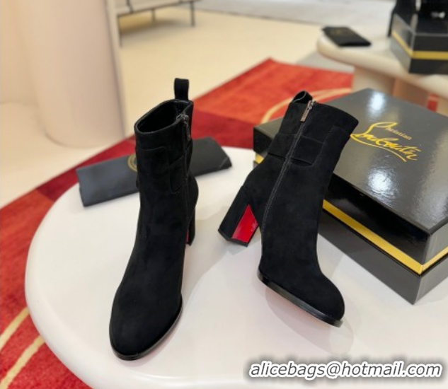 Stylish Christian Louboutin Booty Lock Heel Ankle Boots 7cm in Suede Black 1030155