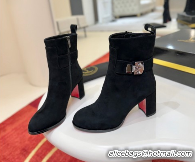 Stylish Christian Louboutin Booty Lock Heel Ankle Boots 7cm in Suede Black 1030155