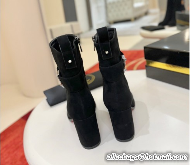 Stylish Christian Louboutin Booty Lock Heel Ankle Boots 7cm in Suede Black 1030155