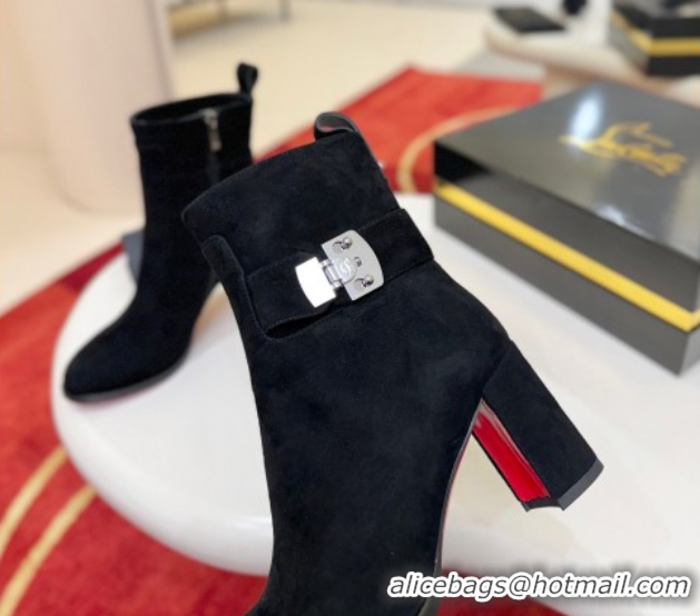 Stylish Christian Louboutin Booty Lock Heel Ankle Boots 7cm in Suede Black 1030155